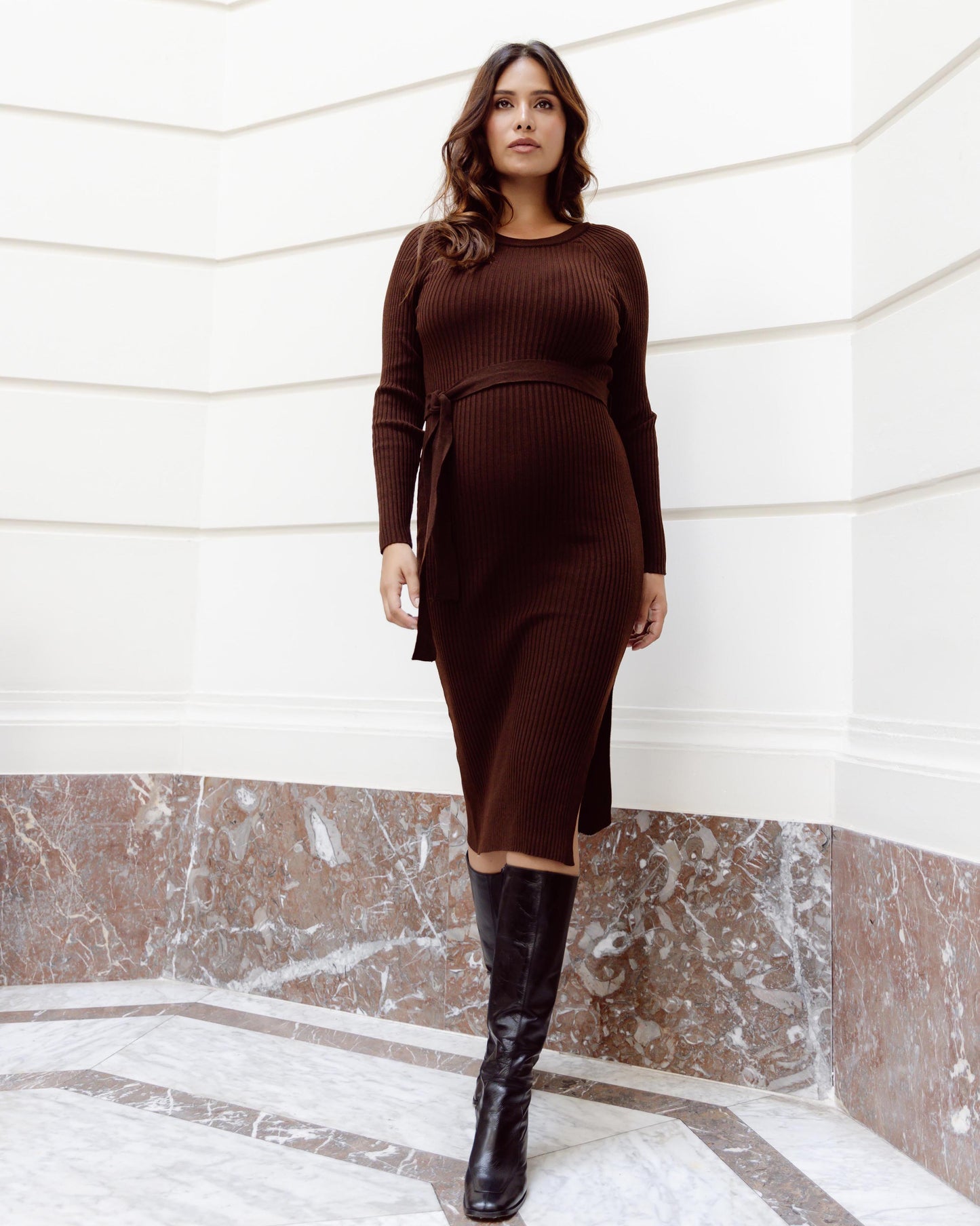 Love2Wait Dress Knit Belt | Long Sleeves | Zwangerschapsjurk | Brown