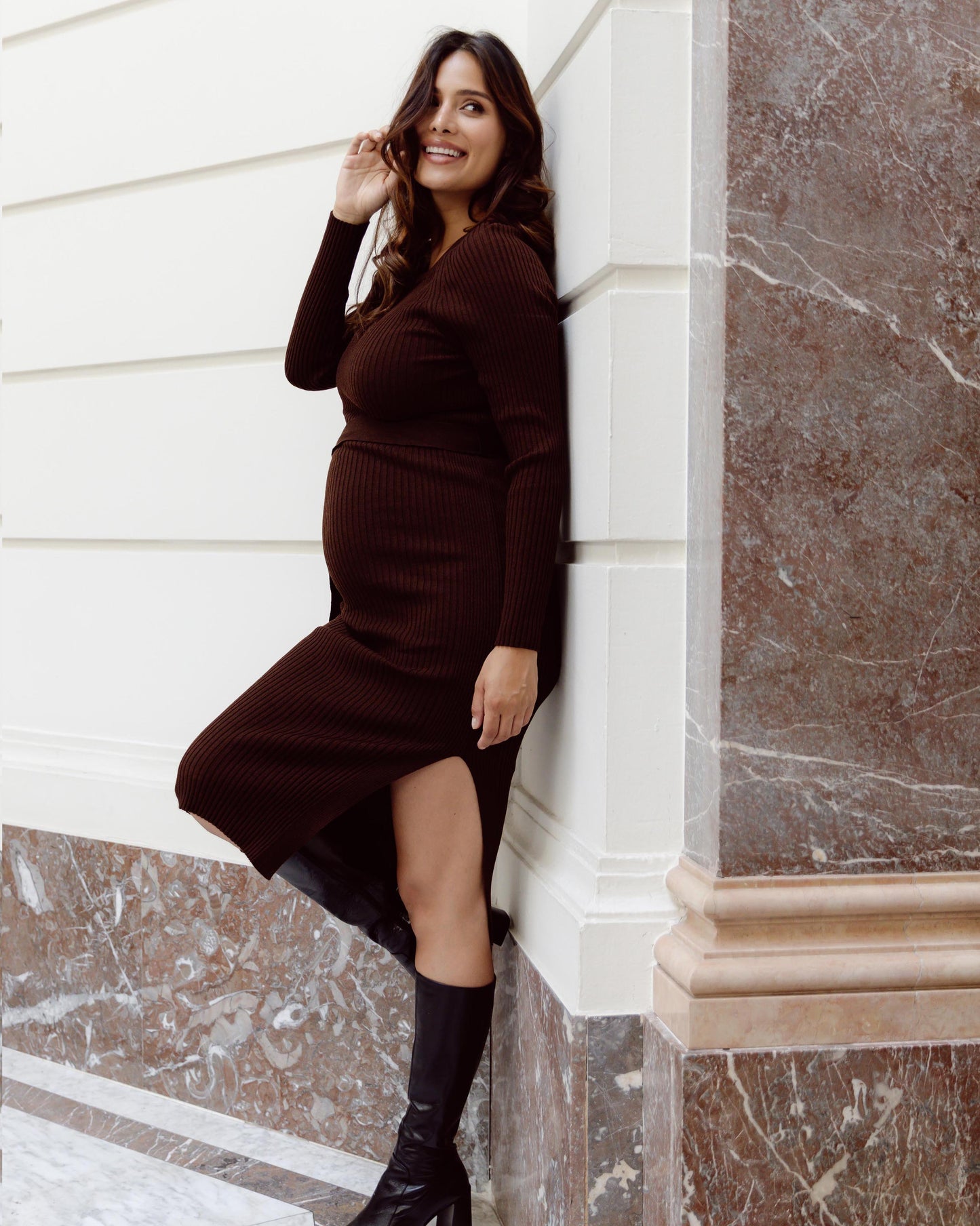 Love2Wait Dress Knit Belt | Long Sleeves | Zwangerschapsjurk | Brown
