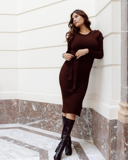 Love2Wait Dress Knit Belt | Long Sleeves | Zwangerschapsjurk | Brown