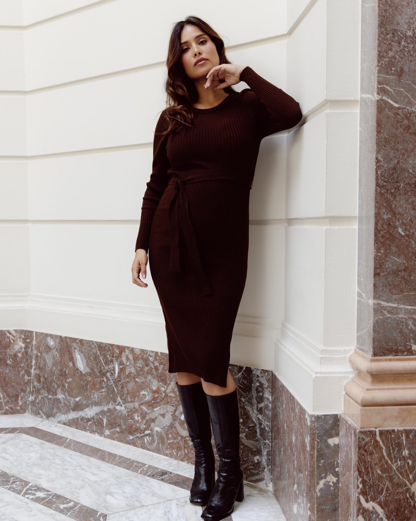 Love2Wait Dress Knit Belt | Long Sleeves | Zwangerschapsjurk | Brown