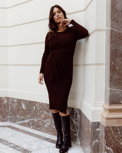 Love2Wait Dress Knit Belt | Long Sleeves | Zwangerschapsjurk | Brown