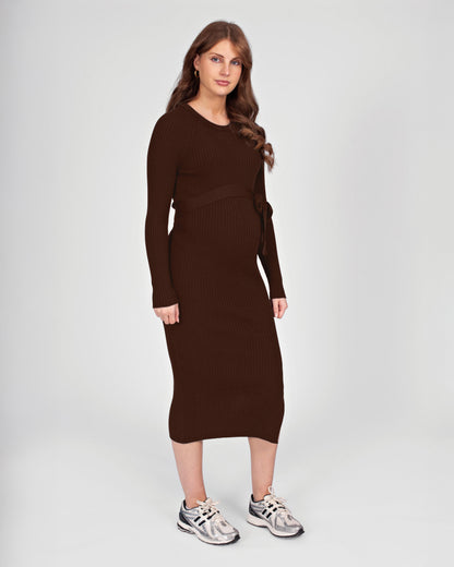 Love2Wait Dress Knit Belt | Long Sleeves | Zwangerschapsjurk | Brown