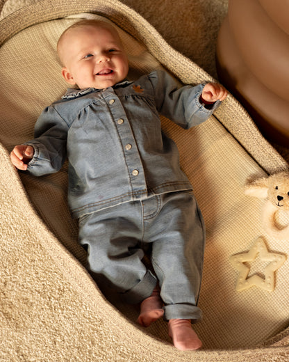 Bess Pants | Babybroekje | Jeans | Blue Denim | Pink Flower
