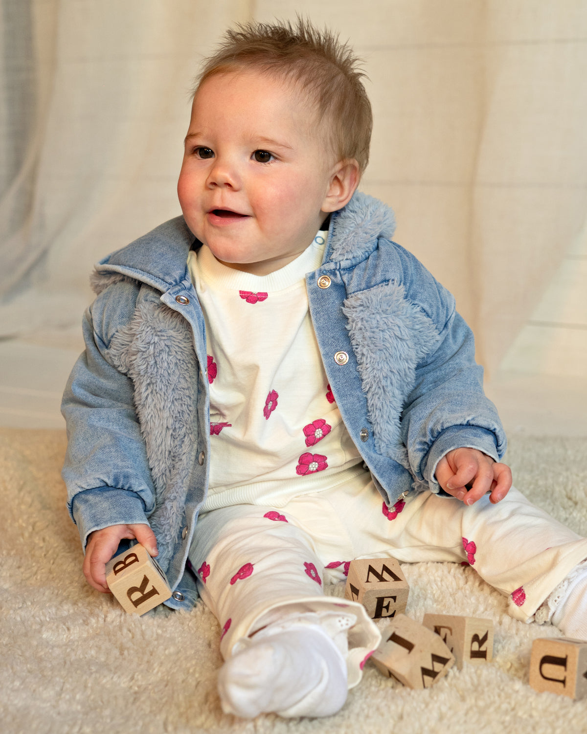 Bess Jas | Spijkerstof | Babyjasje | Teddy | Jeans Blue | Flower